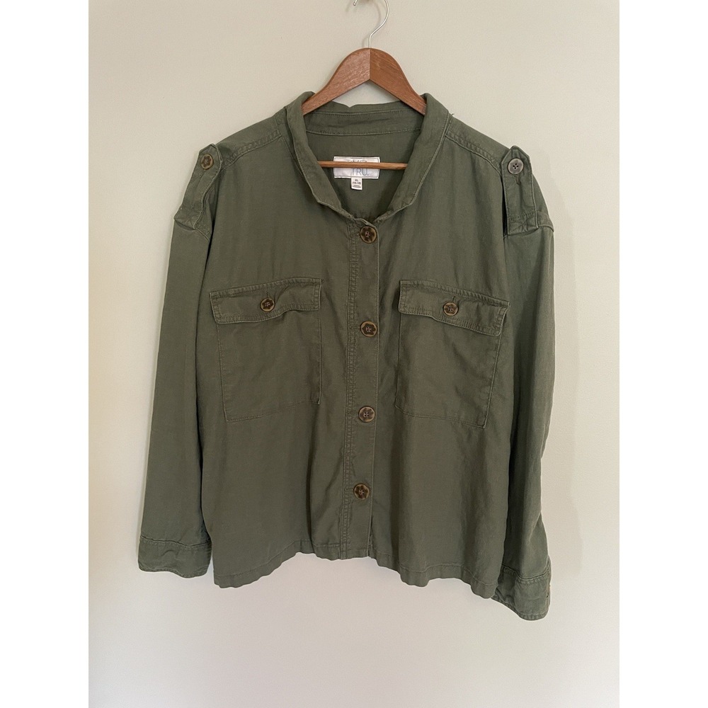 Time And Tru Linen Blend Boxy Fit Button Up Army Green Shirt. Size XL. Boho.‎